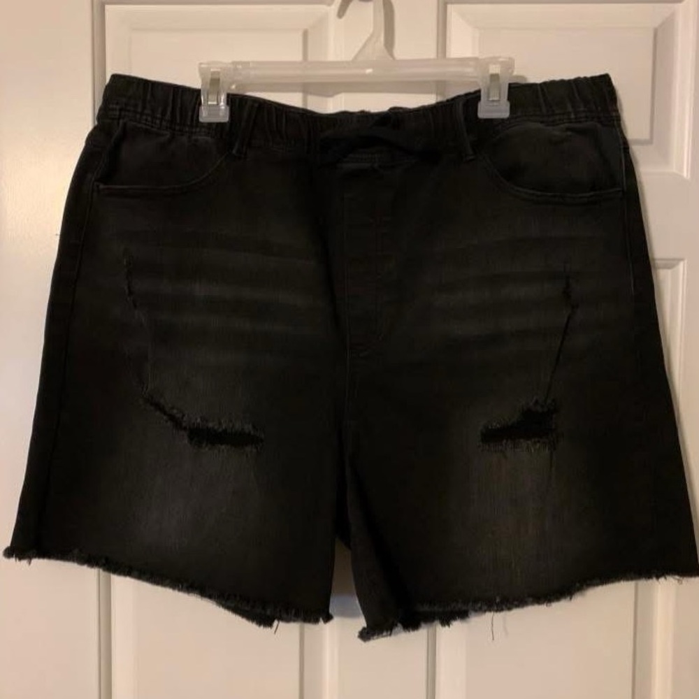 Black Label brand distressed black denim shorts